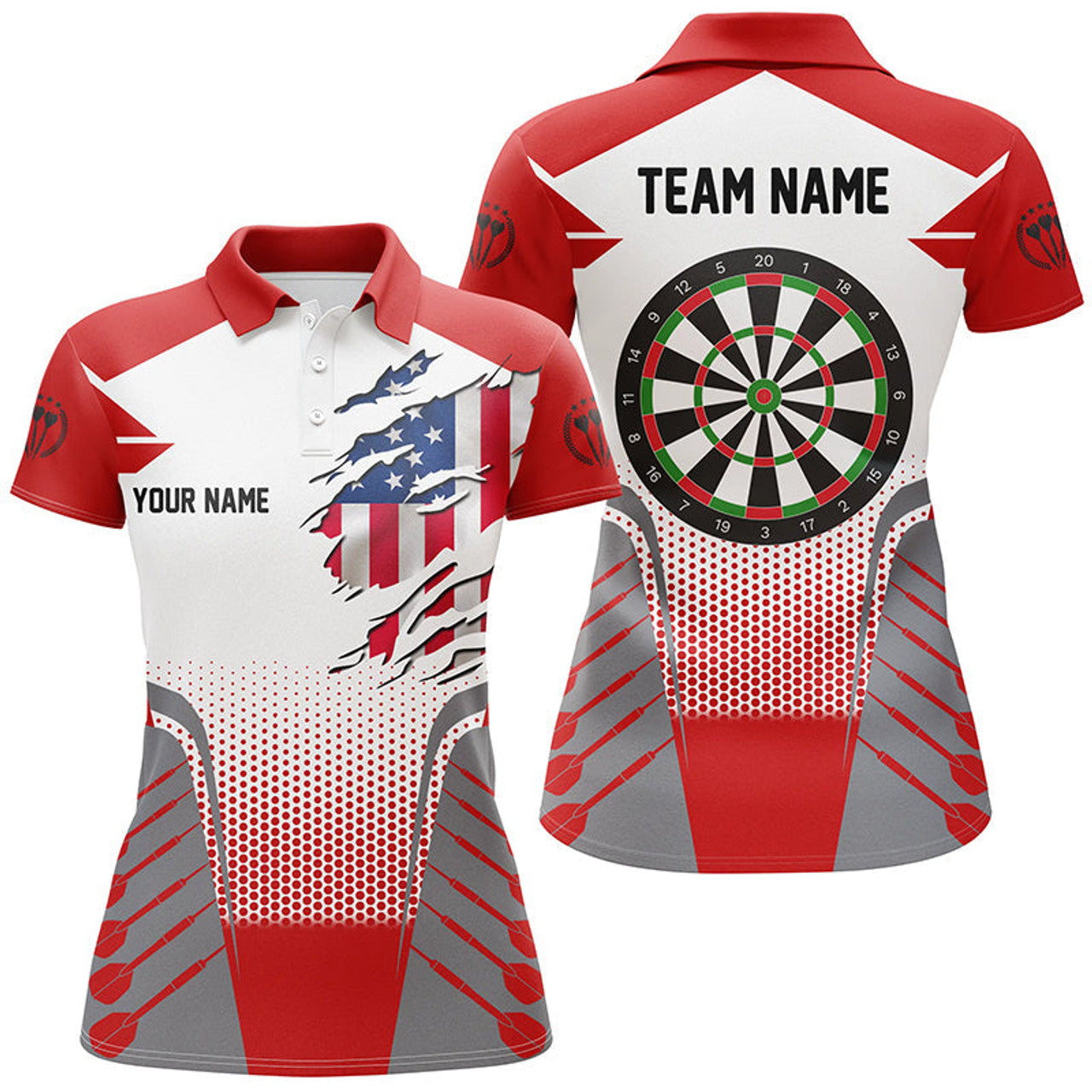 Custom White Red US Flag Women Darts Polo Shirts Custom Patriotic Darts Shirts For Team Darts Jerseys
