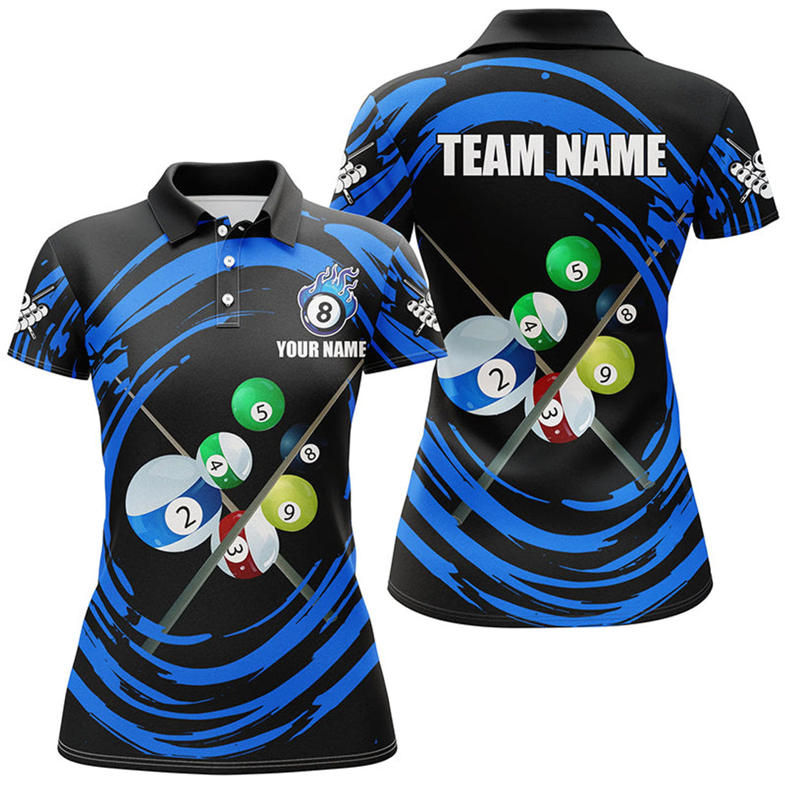 Custom Personalized Blue Billiard Balls & Cue Wave Pattern Women Polo Shirts Custom Billiard Jerseys Attire