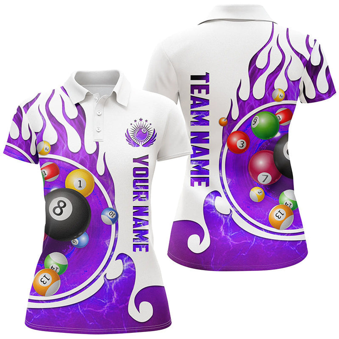 Custom Personalized Name Billiard Fire Polo Shirts For Women Custom Team Name Billiard Shirt Design | Purple