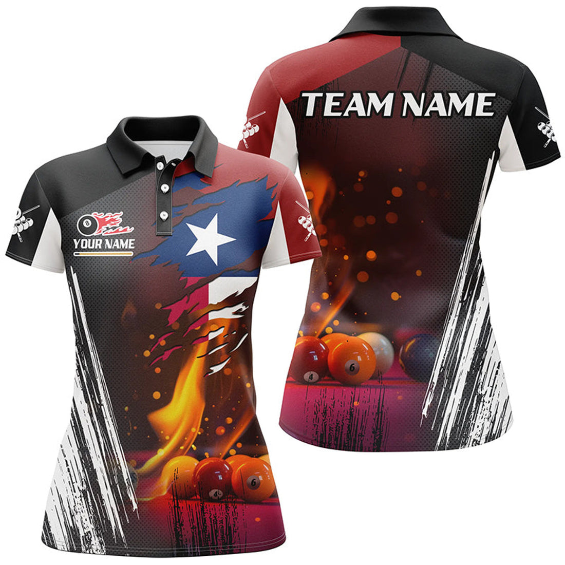 Custom Patriotic Texas Flag Billiard Balls Fire Flame Custom Billiard Women Polo Shirt, Billiard Team Jersey