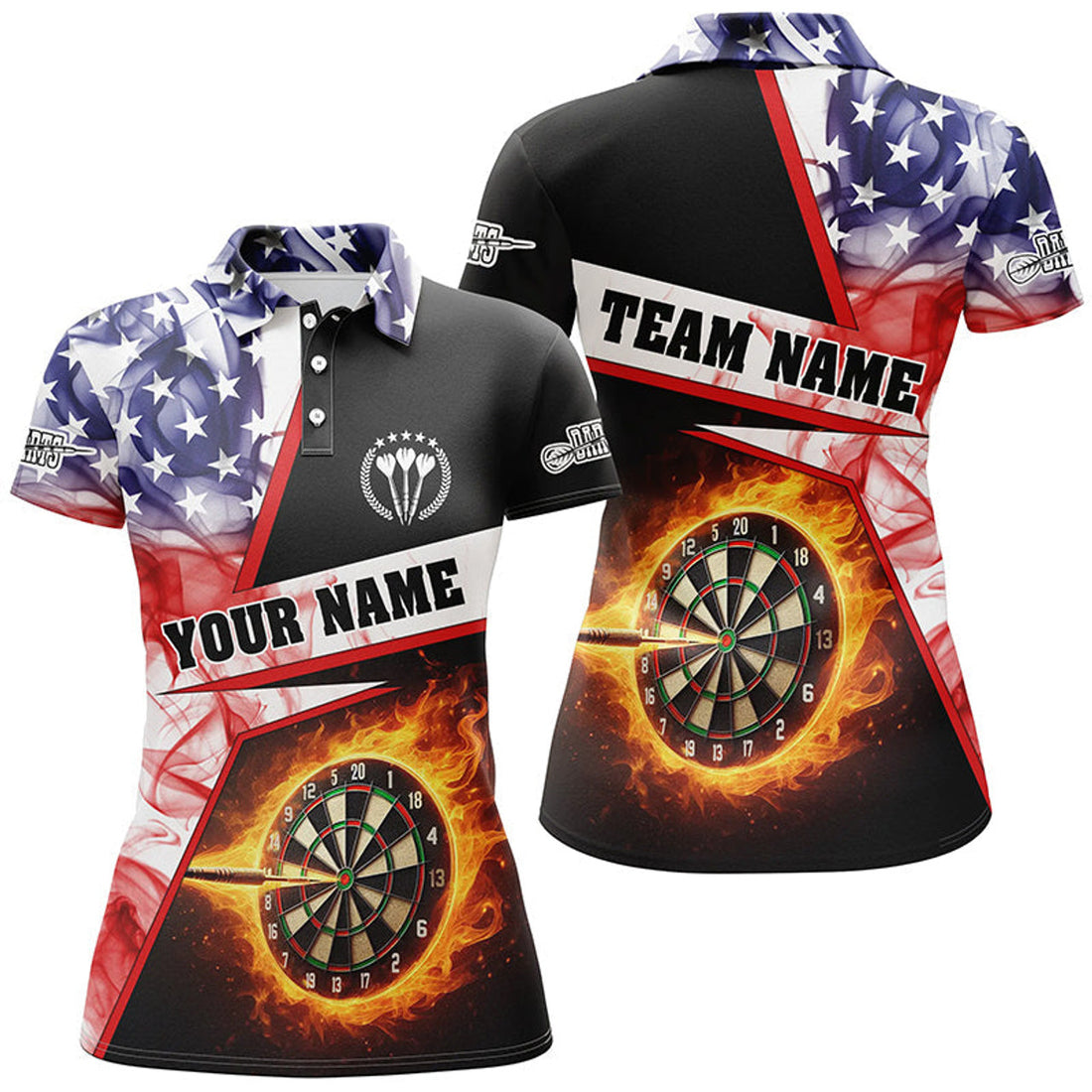 Custom Personalized Darts Flame US Flag Smoke Women Darts Polo Shirt Custom Dart League Shirts, Dart Jerseys