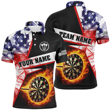 Personalized Darts Flame US Flag Smoke Men Darts Polo Shirt Custom Dart League Shirts, Dart Jerseys