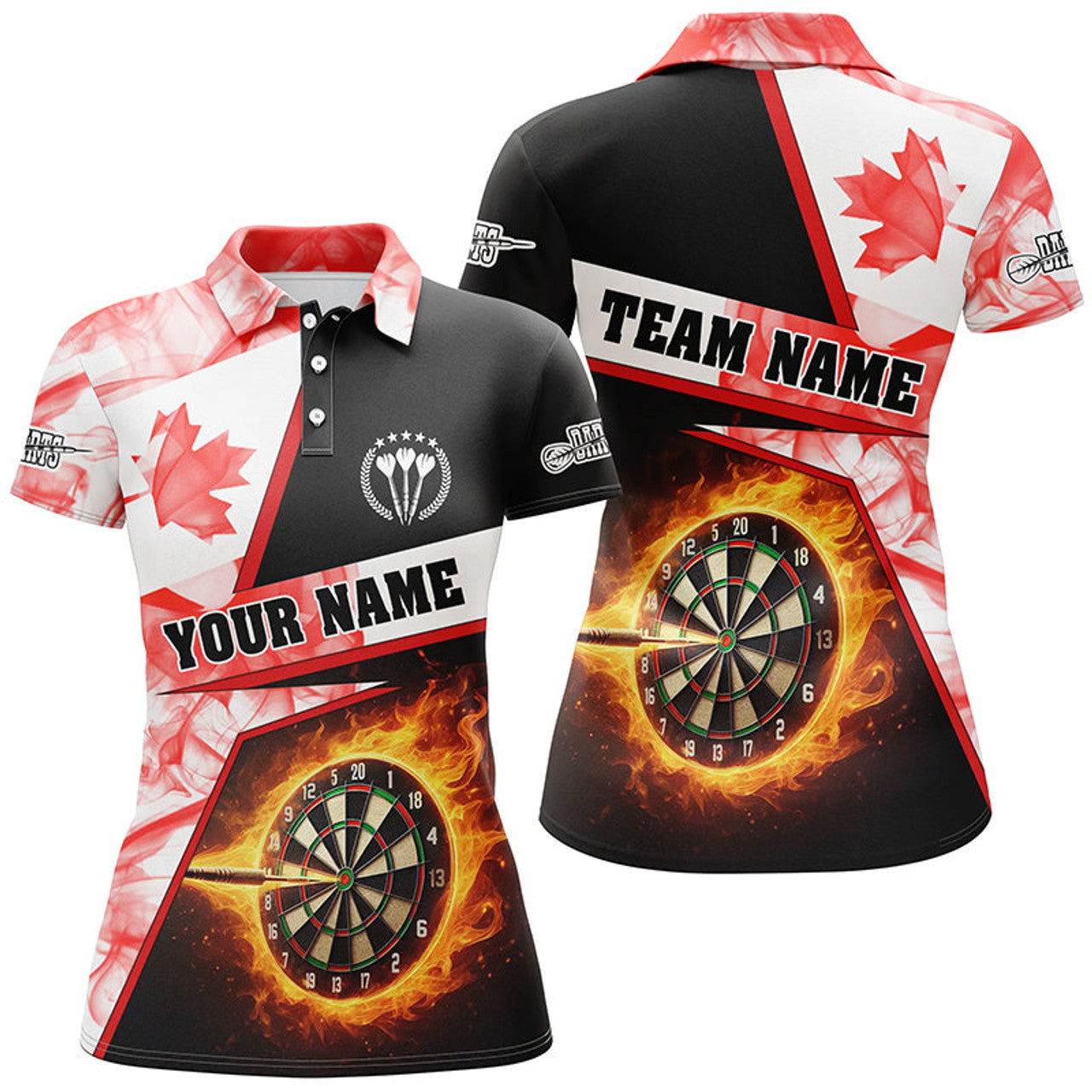 Custom Personalized Darts Flame Canada Flag Smoke Women Polo Shirts Custom Dart League Shirts, Darts Jerseys