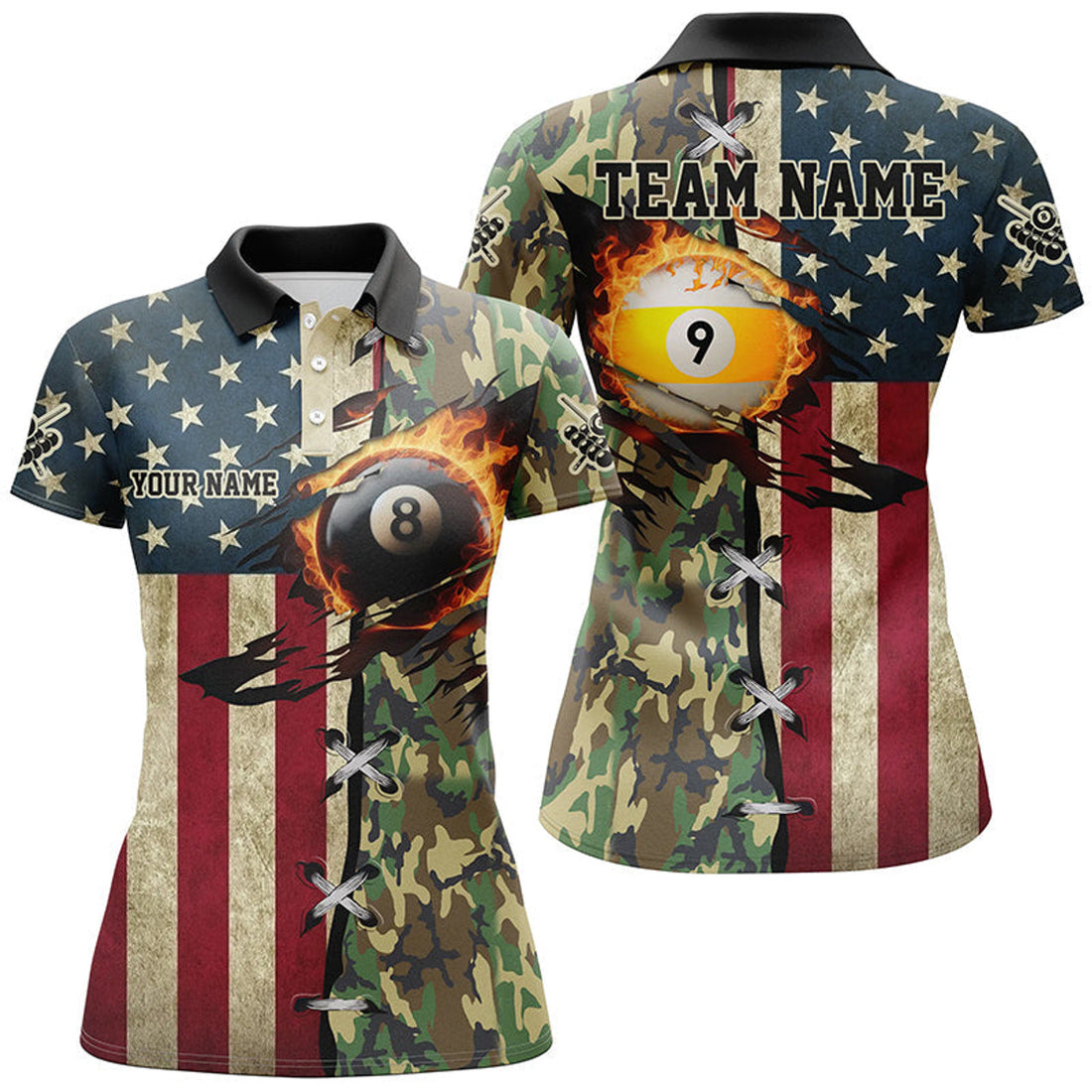 Custom Billiards Ball 8 & Ball 9 Fire American Flag Custom Green Camo Women Polo Shirts, Billiard Attire