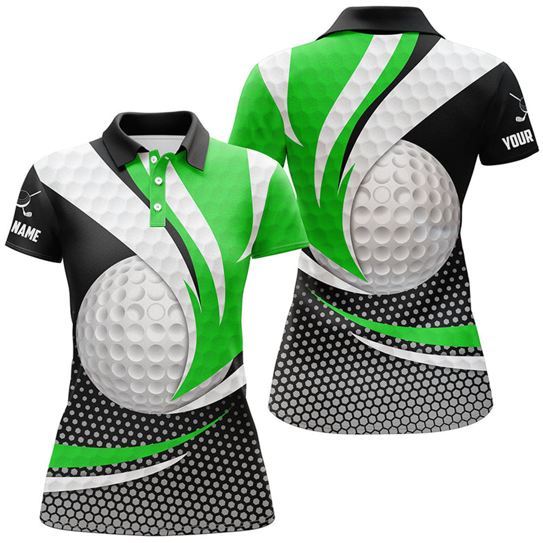 Custom Green Black Womens Golf Polo Shirts Custom Golf Balls Golf Outfit For Ladies, Top Golf Gifts