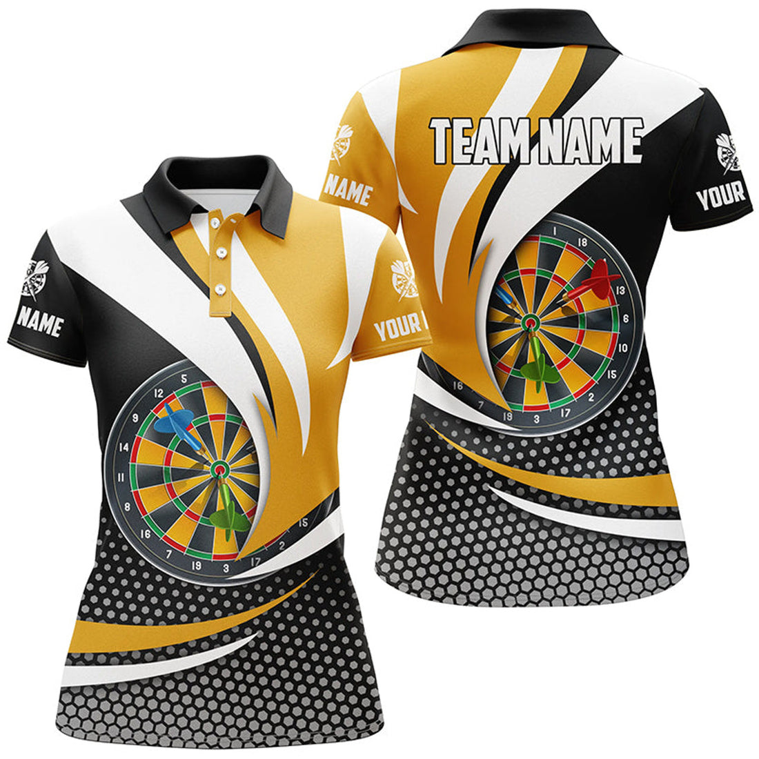 Custom Personalized 3D Dartboard Black Yellow Women Darts Polo Shirts Custom Darts League Team Shirts