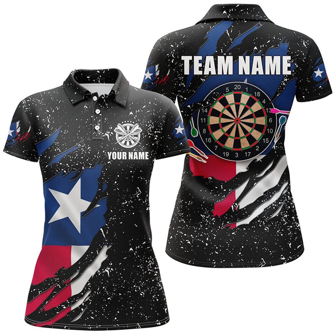Custom Grunge Texas Flag Dartboard Polo Shirts For Women Custom Patriotic Darts Jerseys Attire