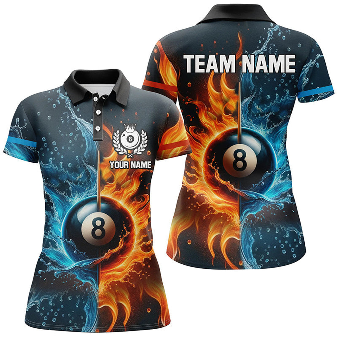 Customized Billiard Water And Fire 3D Printed Women Polo Shirts, 8 Ball Pool Billiard Attire For Team