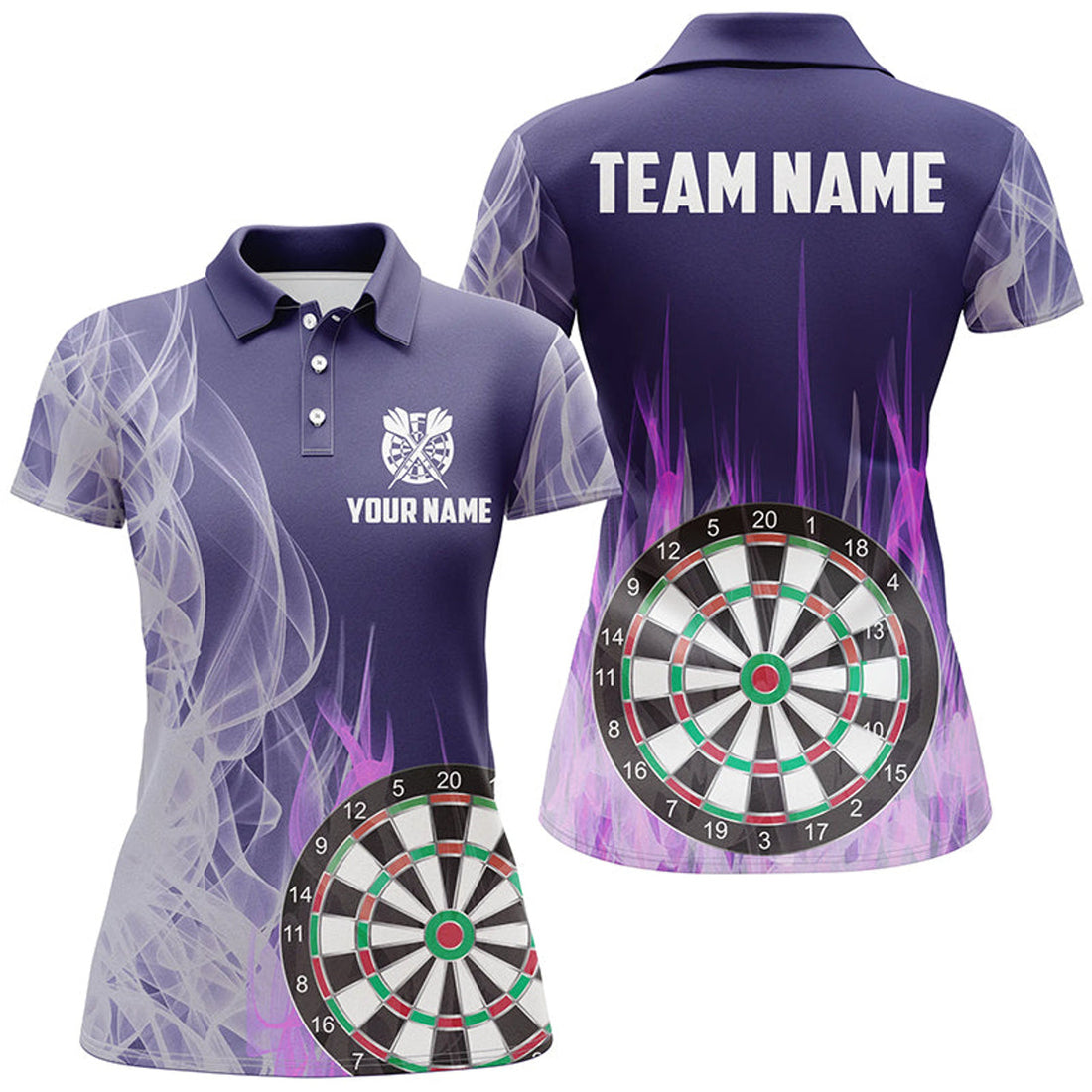 Custom Personalized Purple Fire Flame 3D Dartboard Women Darts Polo Shirts Custom Darts Team Jerseys