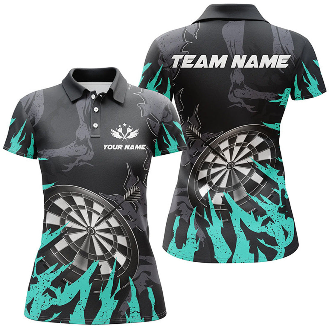 Custom Personalzied Darts Board Turquoise Grunge Style 3D Women Darts Polo Shirts Custom Darts Team Jerseys