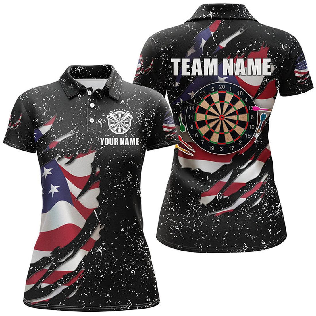 Custom Grunge US Flag Dartboard Polo Shirts For Women Custom Patriotic Darts Jerseys Attire