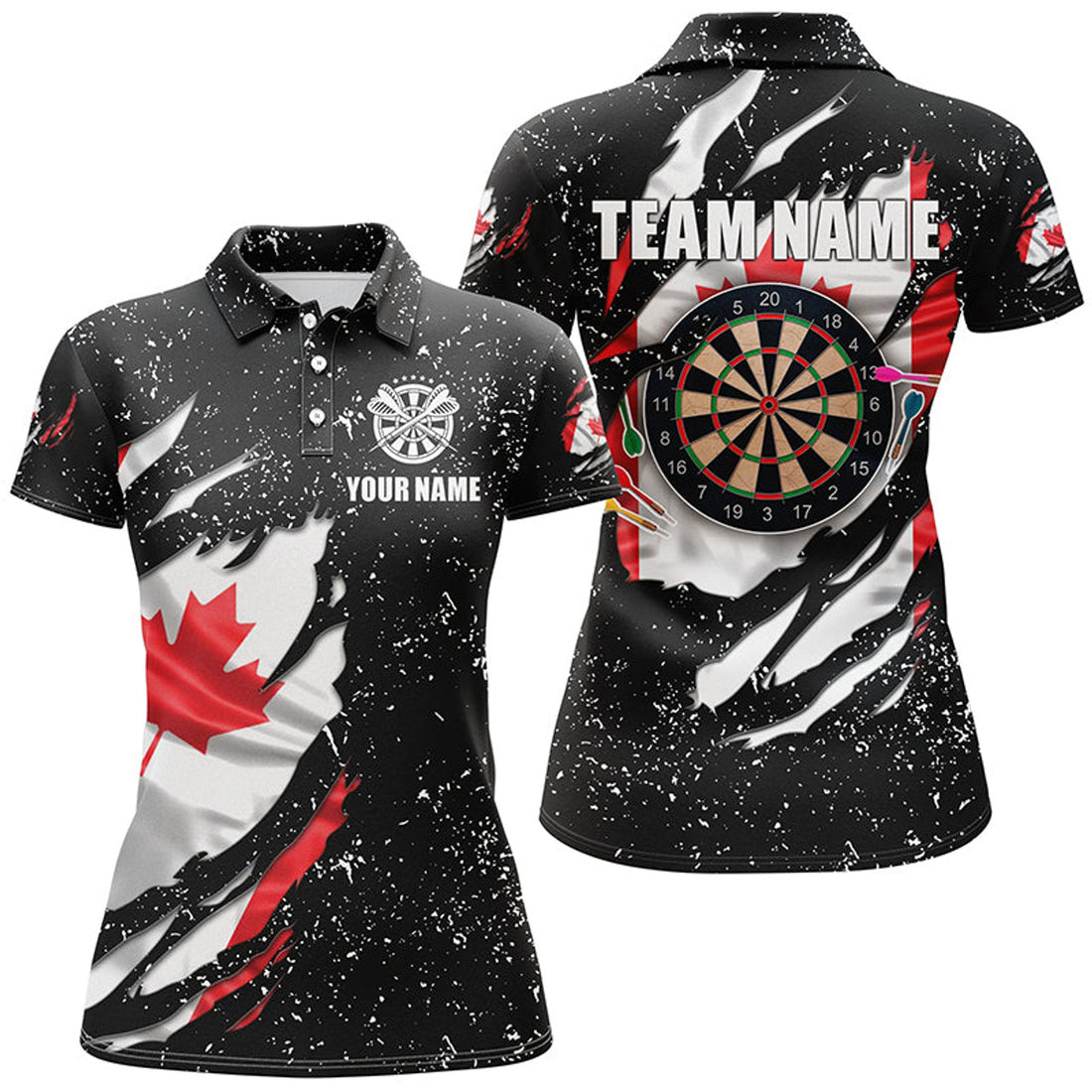 Custom Grunge Canada Flag Dartboard Polo Shirts For Women Custom Patriotic Darts Jersey Attire