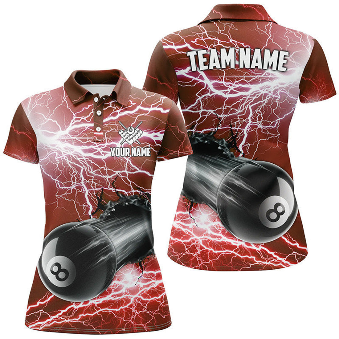 Custom Funny 8 Ball Pool Rush Out Custom Thunder Lightning Red Women Polo Shirts, Best Billiard Team Shirts