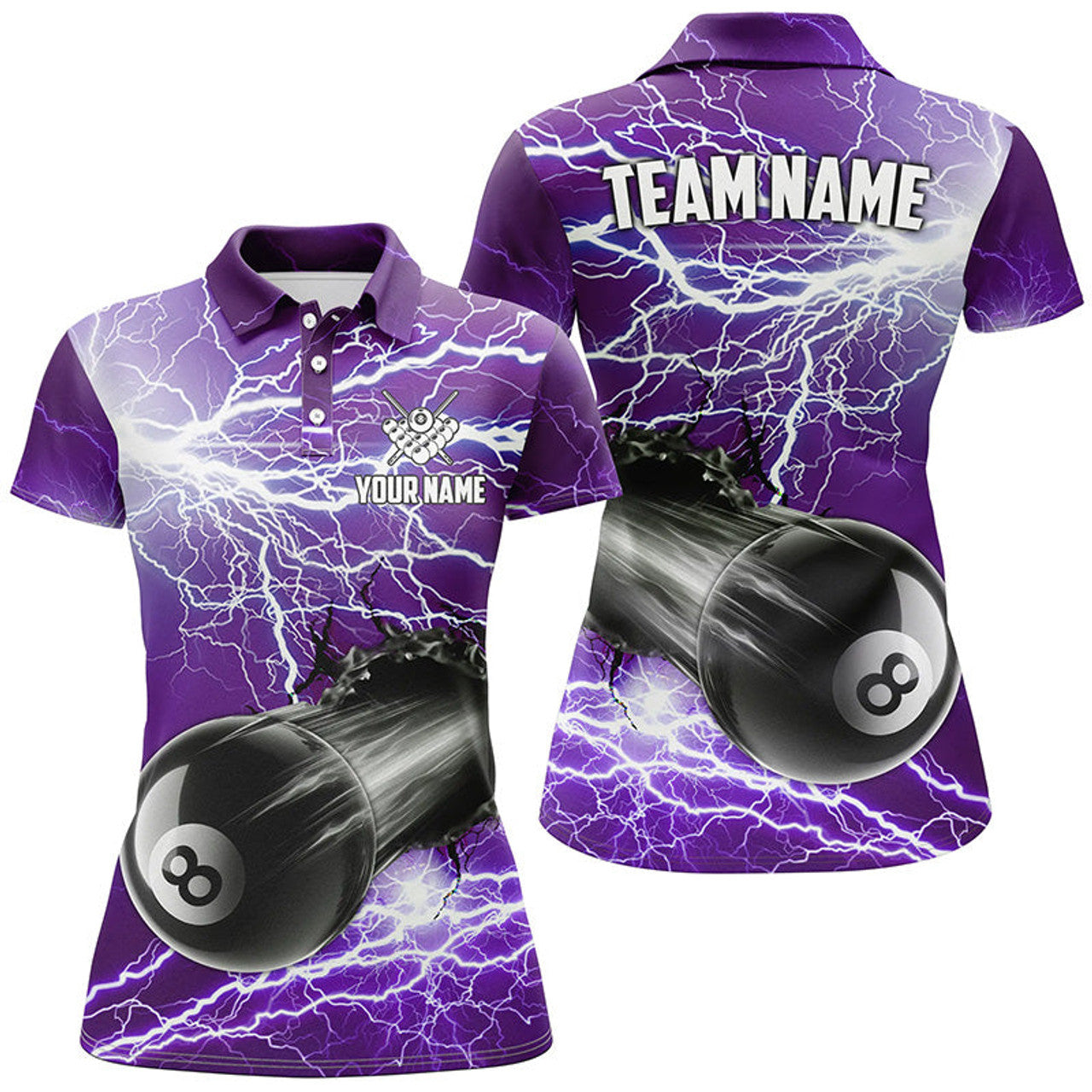Custom Funny 8 Ball Pool Rush Out Custom Thunder Lightning Purple Women Polo Shirt Best Billiard Team Shirts
