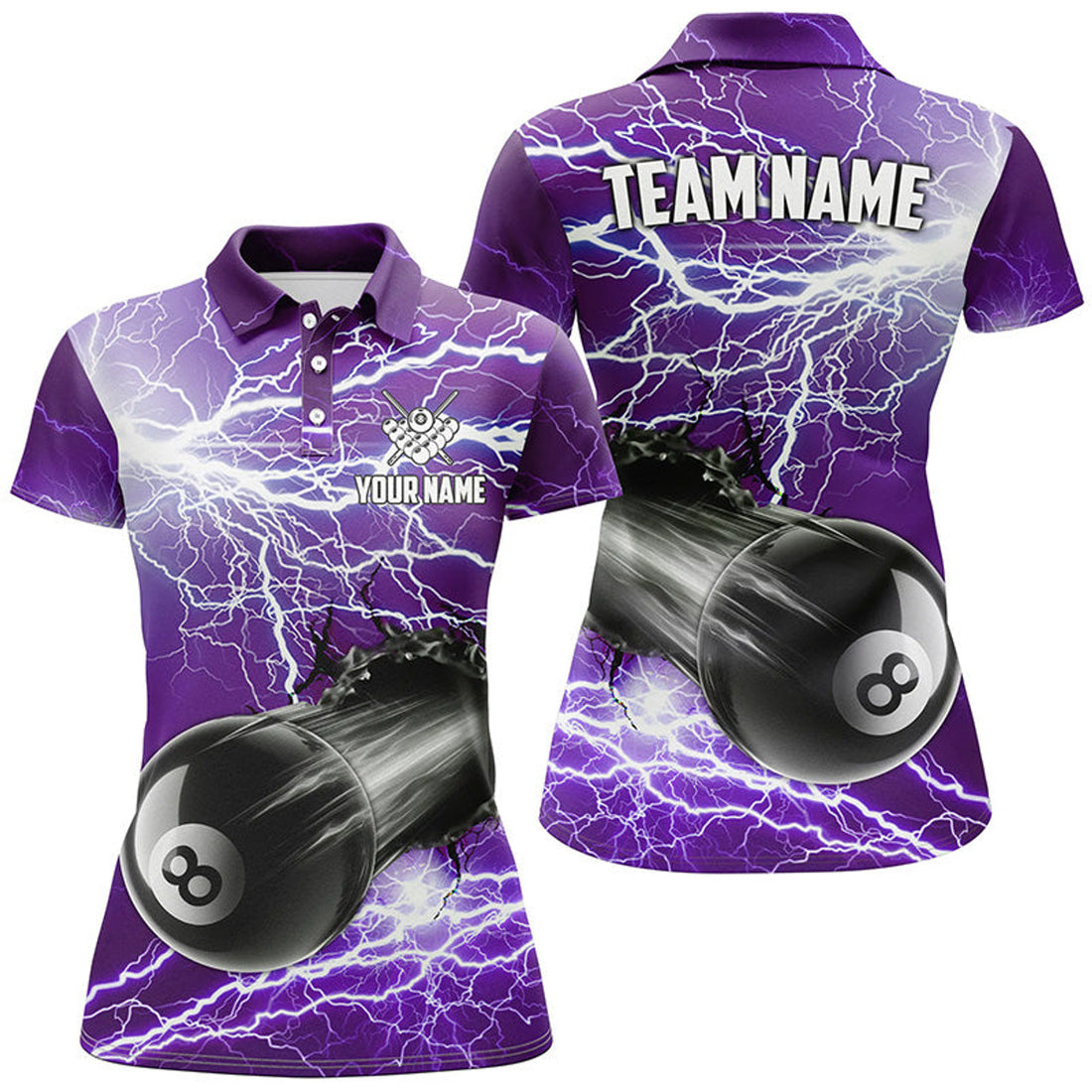 Custom Funny 8 Ball Pool Rush Out Custom Thunder Lightning Purple Women Polo Shirt Best Billiard Team Shirts