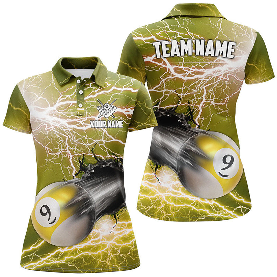 Custom Funny 9 Ball Pool Rush Out Custom Thunder Lightning Yellow Women Polo Shirt Best Billiard Team Shirts