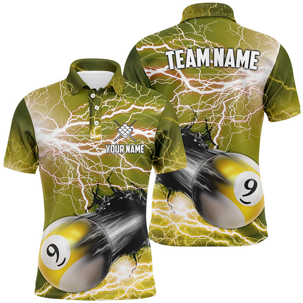 Custom Funny 9 Ball Pool Rush Out Custom Thunder Lightning Yellow Men Polo Shirt Best Billiard Team Shirts
