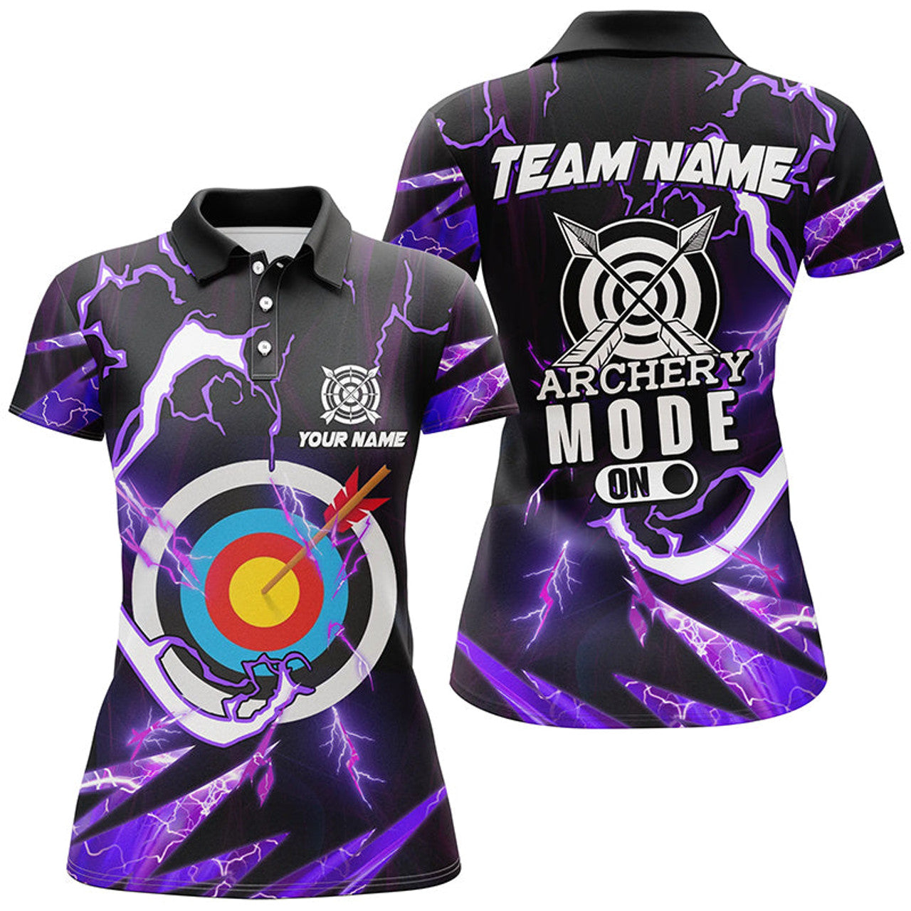 Custom Personalized Purple Thunder Archery Mode On Women Polo Shirts, Custom Archery Jerseys Team Shirts