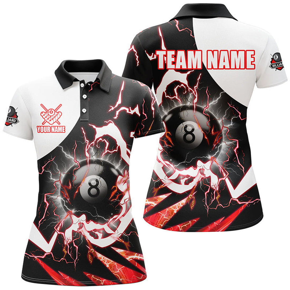 Custom Personalized 8 Ball Pool Women Billiard Polo Shirts Custom Lightning Thunder Red Billiard Team Jersey
