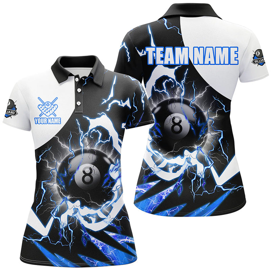 Custom Personalized 8 Ball Pool Women Billiard Polo Shirt Custom Lightning Thunder Blue Billiard Team Women Jersey