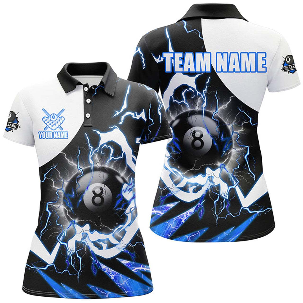 Custom Personalized 8 Ball Pool Women Billiard Polo Shirt Custom Lightning Thunder Blue Billiard Team Women Jersey
