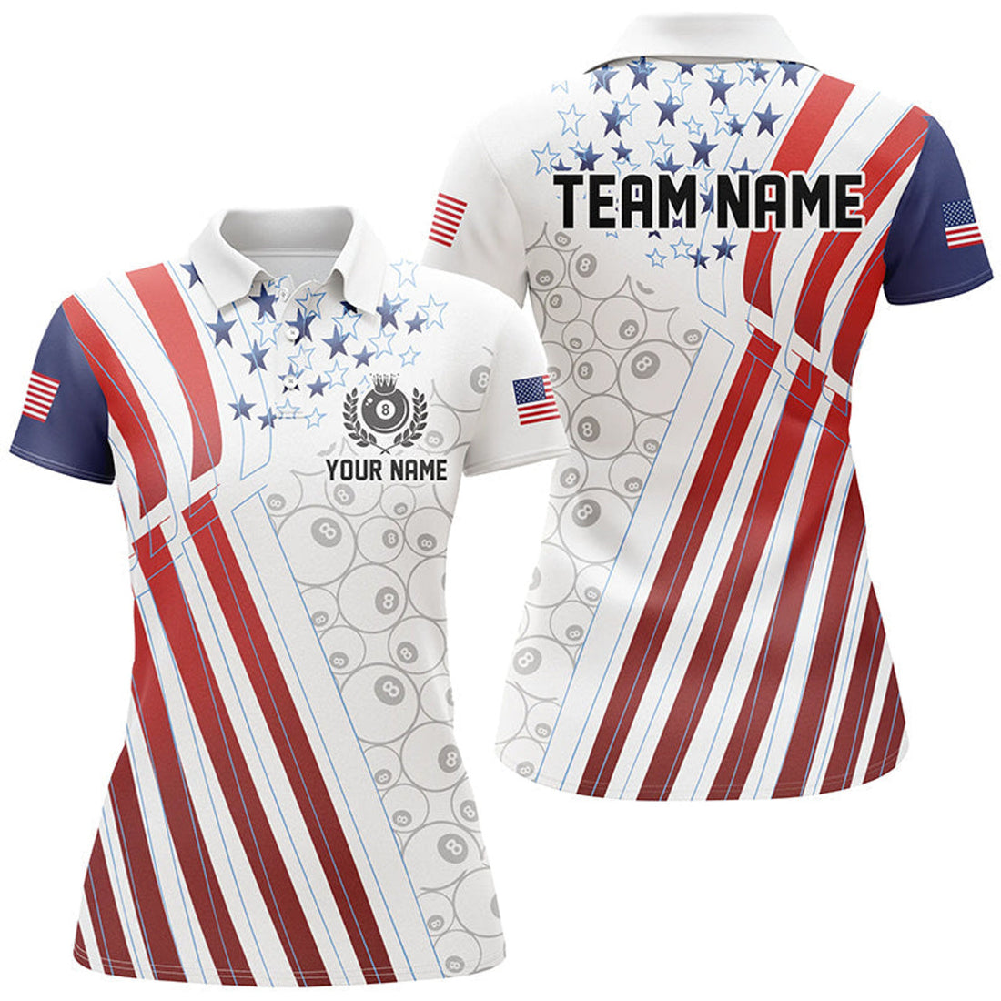 Custom Billiard 8 Ball Pool Player US Flag Women Polo Shirts, Patriotic Billiard Jersey