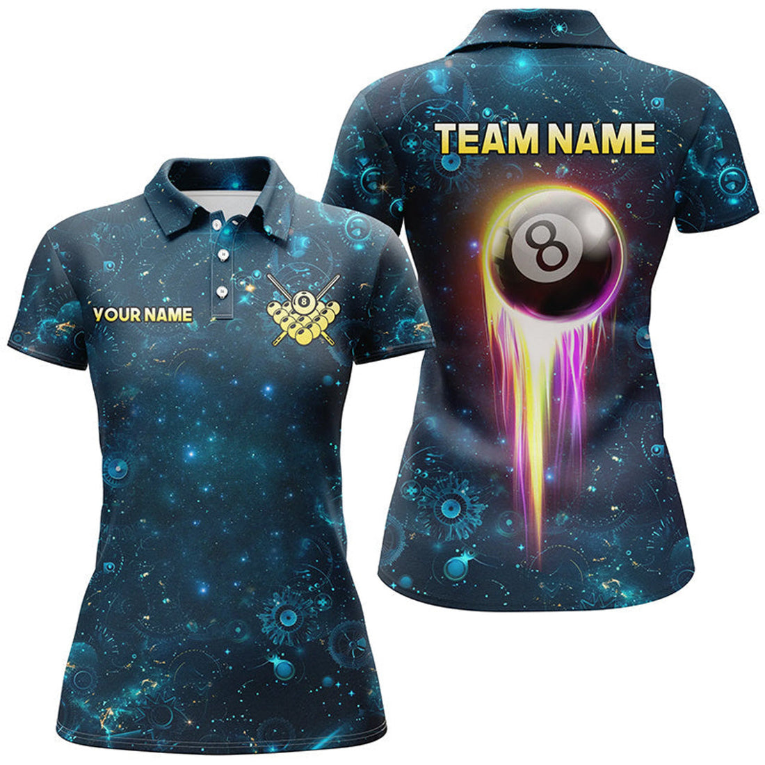 Custom Galaxy Blue Billiard Polo Shirts For Women, Glowing 8 Ball Pool Billiard Attire