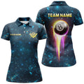 Custom Galaxy Blue Billiard Polo Shirts For Women, Glowing 8 Ball Pool Billiard Attire
