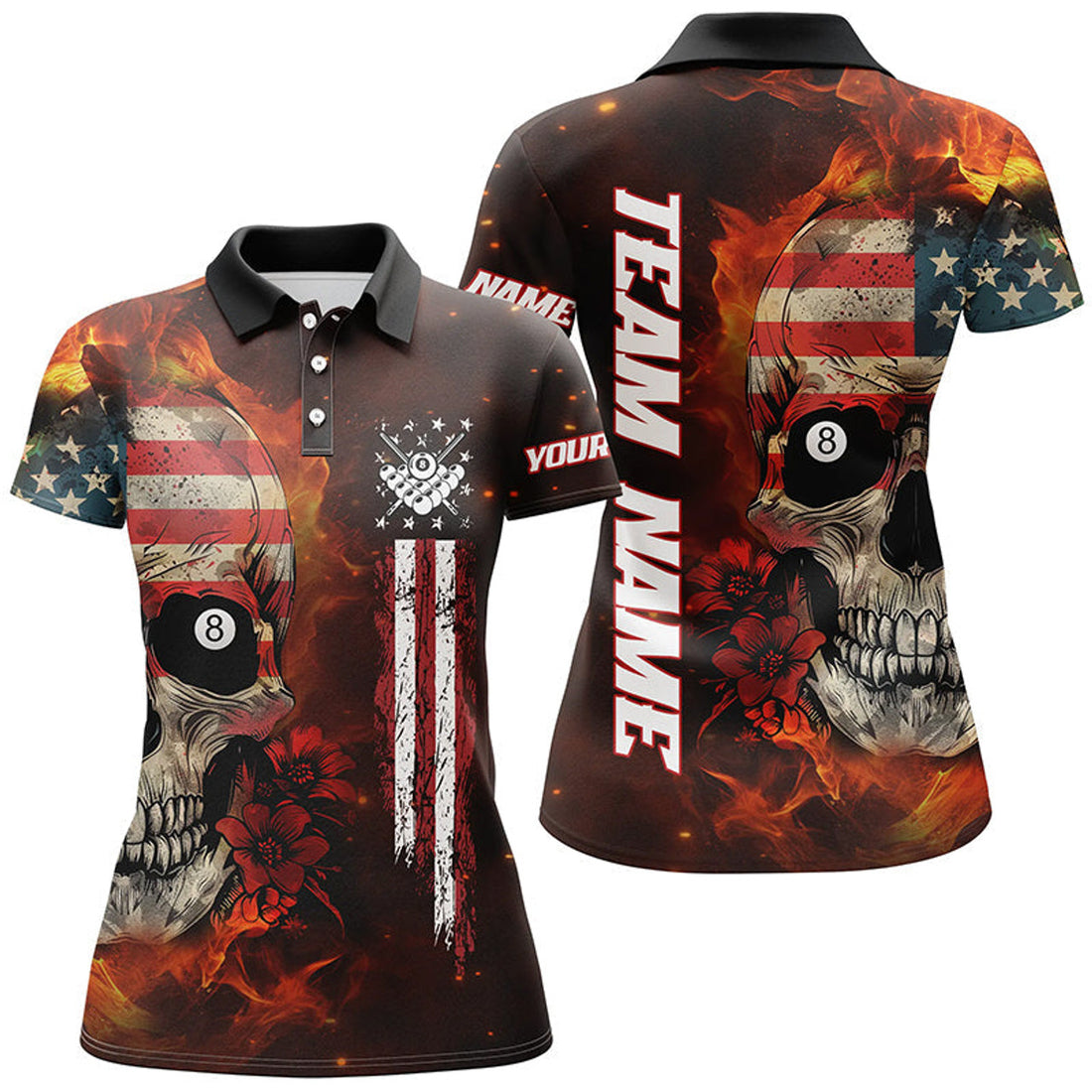 Custom American Flag Skull Fire Billiard Women Polo Shirts Custom Patriotic Billiard Jersey