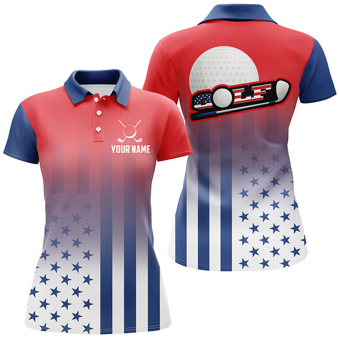 Custom Personalized Patriotic US Flag Womens Golf Polo Shirts, Best 4Th Of July Golf Outfits For Ladies