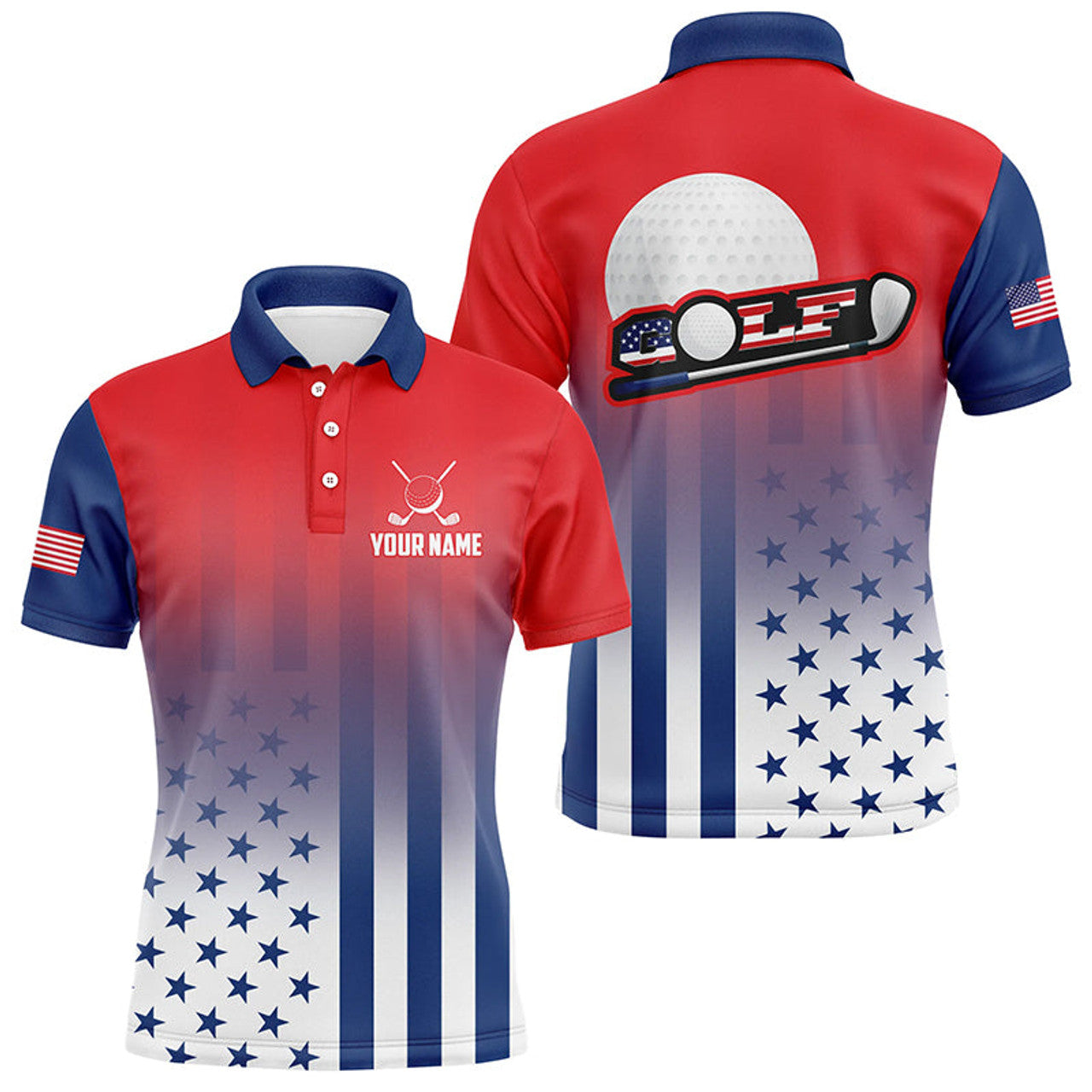Personalized Patriotic US Flag Mens Golf Polo Shirts, Best 4Th Of July Golf Outfits For Men