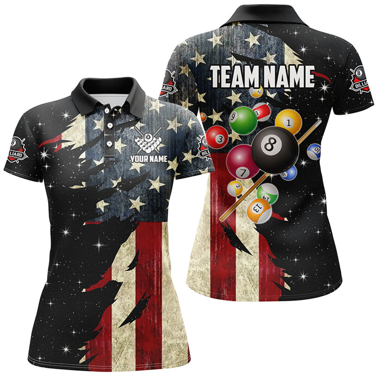 Custom Retro American Flag Dark Galaxy Custom Billiard Balls Pool Shirt For Women, Patriotic Billiard Shirts TDM2094