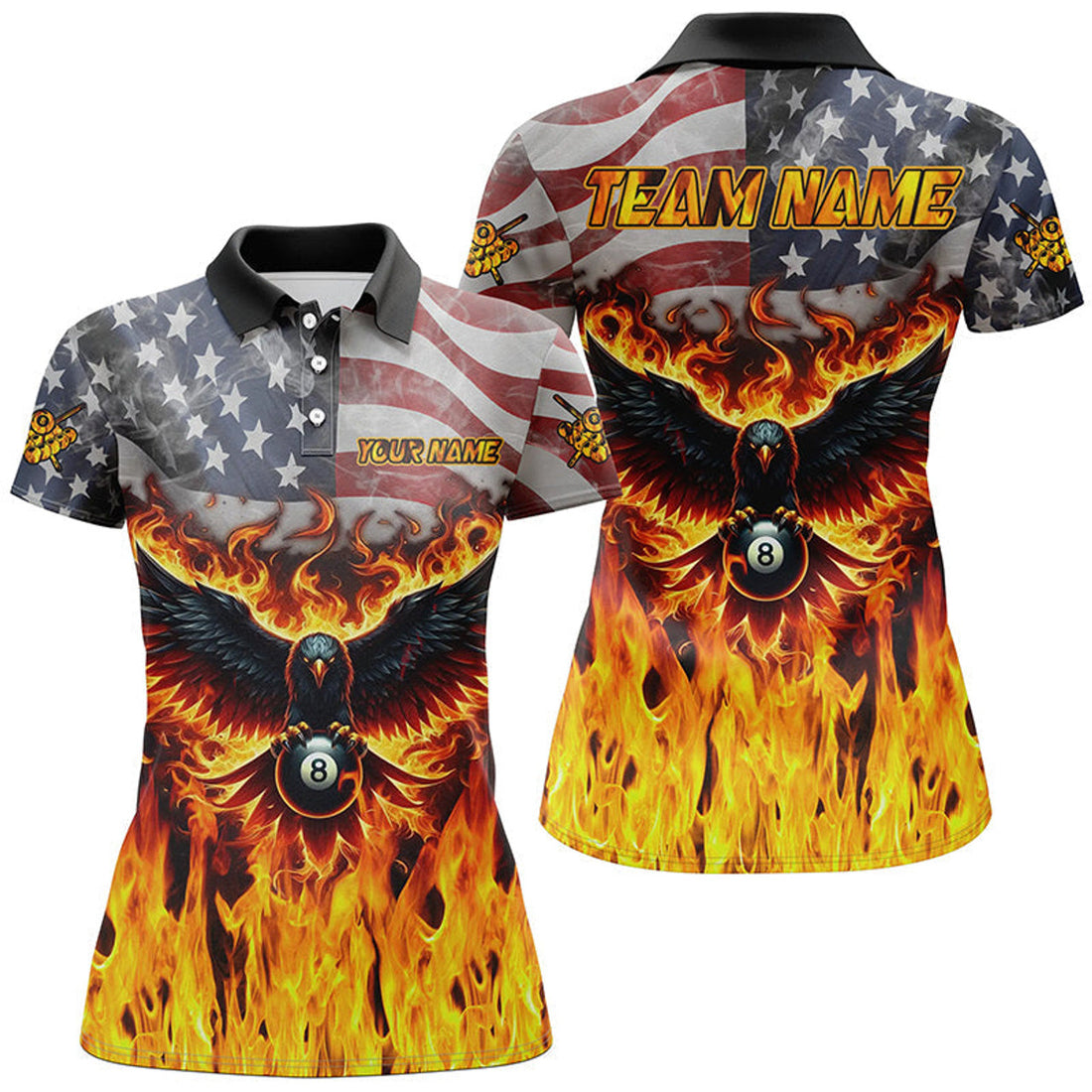 Custom Personalized Flame American Flag Custom Eagle Billiard Shirts For Women, Patriotic Billiard Jerseys