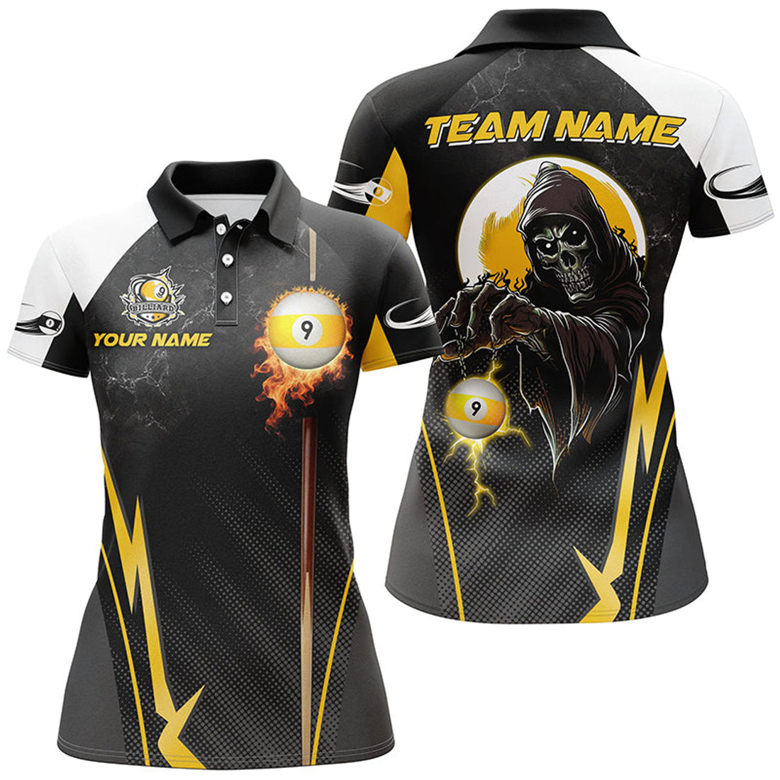Custom Funny Death Skeleton Billiard Ball 9 Fire And Cue Custom Women Polo Shirts, Best 9 Ball Pool Jerseys