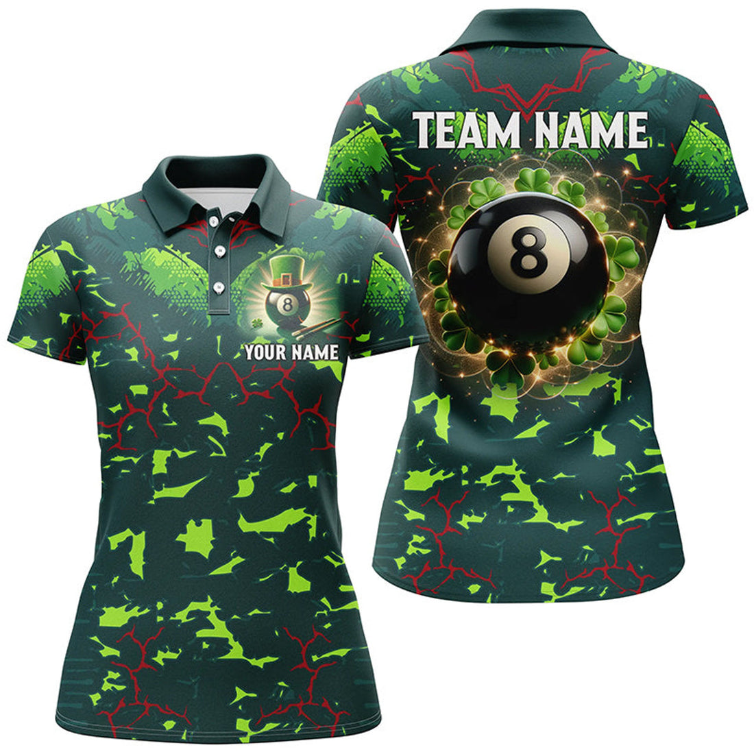 Custom 3D Billiard 8 Ball Luckiest Shamrock Women Polo Shirts Personalized St Patrick Day Billiard Shirts