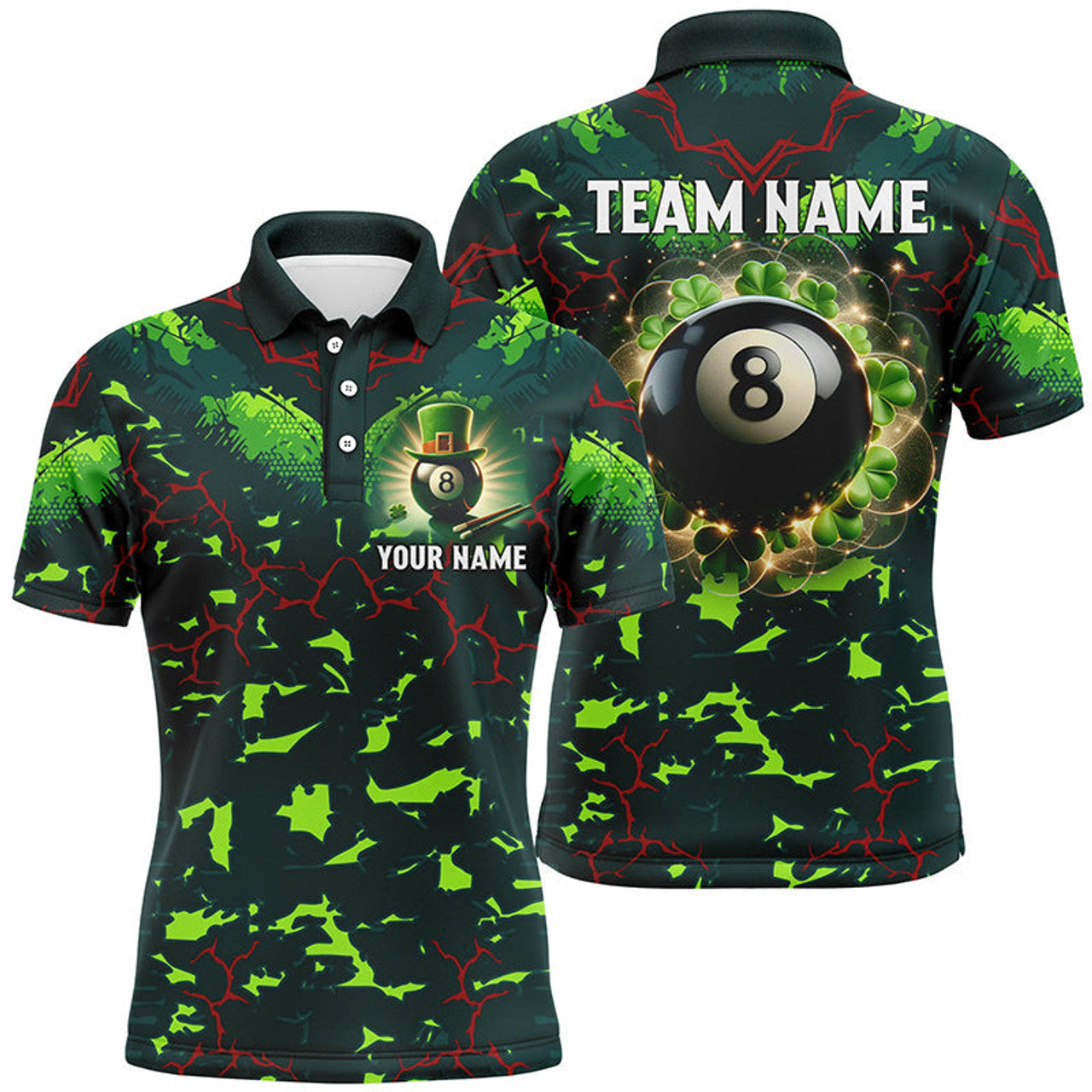 FUNSTUFFPRINT 3D Billiard 8 Ball Luckiest Shamrock Men Polo Shirts Personalized St Patrick Day Billiard Polo Shirt Size S-5XL