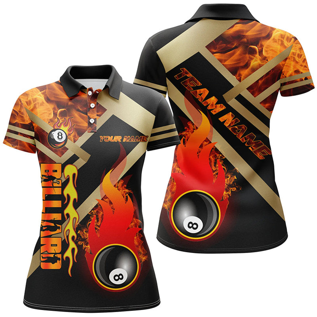 Custom Personalized 8 Ball Pool Fire Flame 3D Printed Women Polo Shirts Custom Billiard Jersey Uniform