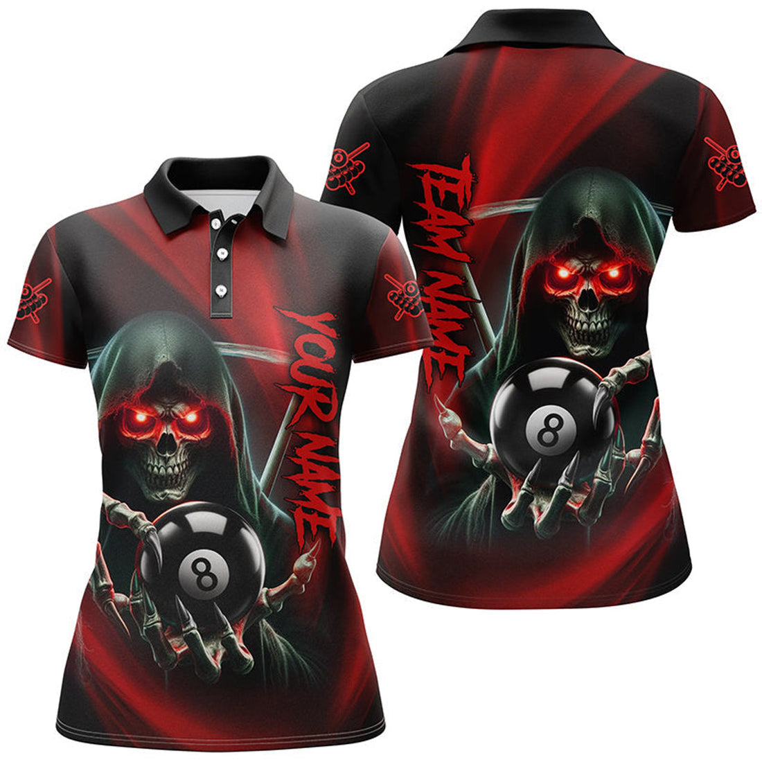 Custom Personalized Red Billiard Reaper Skull Holding 8 Ball Women Polo Shirts Team League Billiard Jerseys
