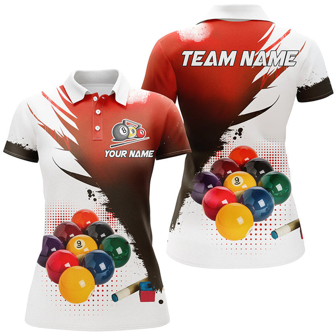 Custom Personalized 3D 9 Ball Pool Billiard Jerseys Women Polo Shirts, Custom Billiard Team Shirts |Red