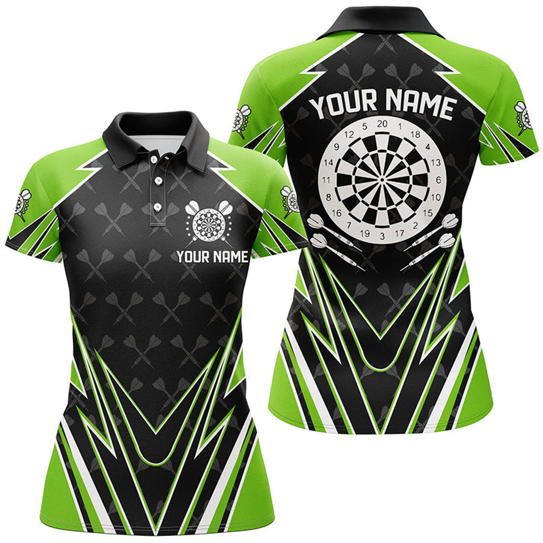 Custom Black And Green Dartboard Women Darts Polo Shirts Customized Name Darts Team Jersey Uniform