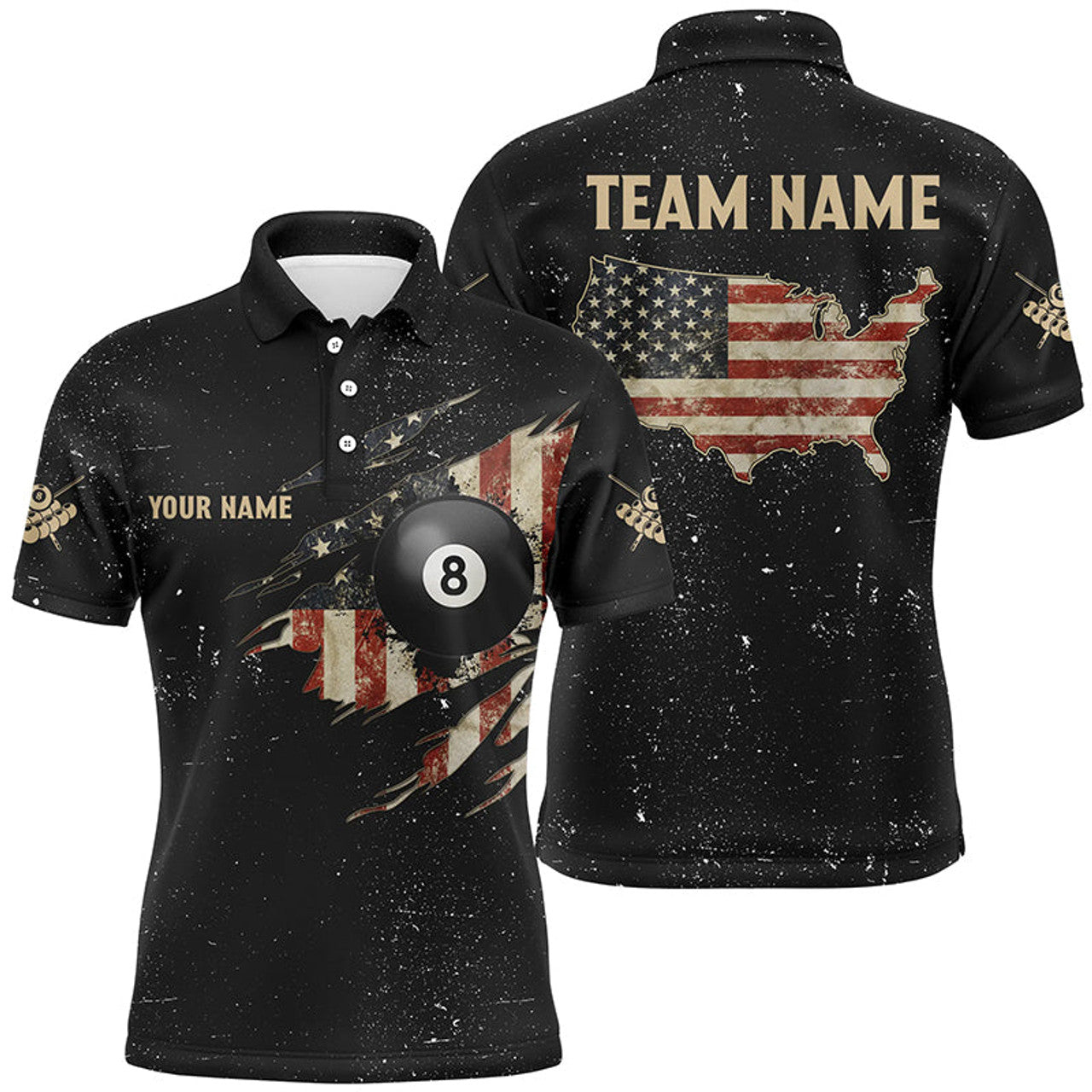Personalized Grunge Retro USA Flag Billiard Men Polo Shirts, Patriotic Billiard Jerseys Uniform