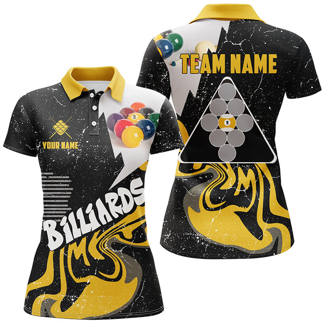 Custom Personalized 9 Ball Billiard Shirts For Women Custom Grunge Yellow Black 9 Ball Pool Jerseys