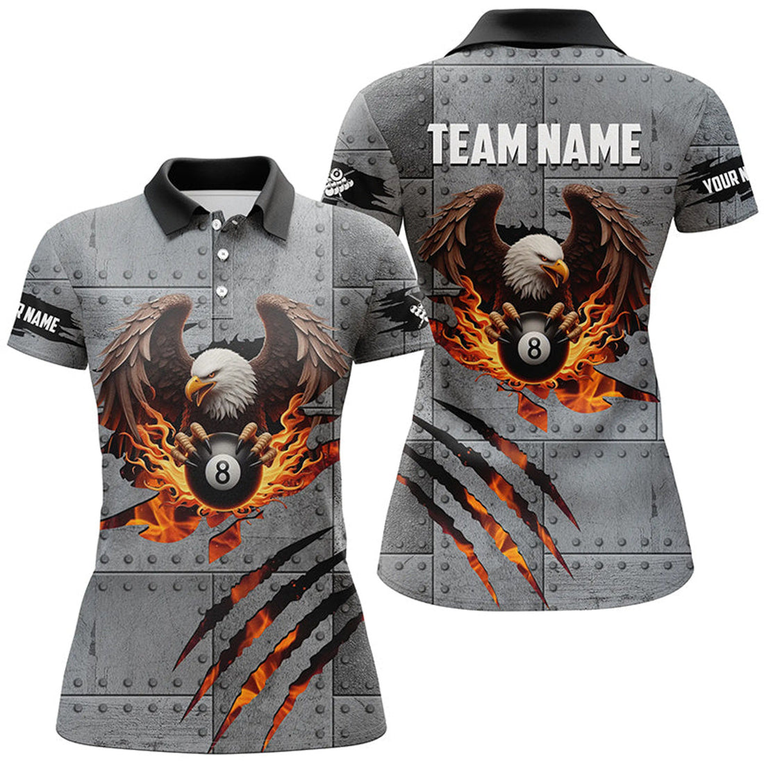 Custom Personalized Eagle 8 Ball Fire Billiard Polo, Shirts For Women, 8 Ball Pool Billiard Jerseys
