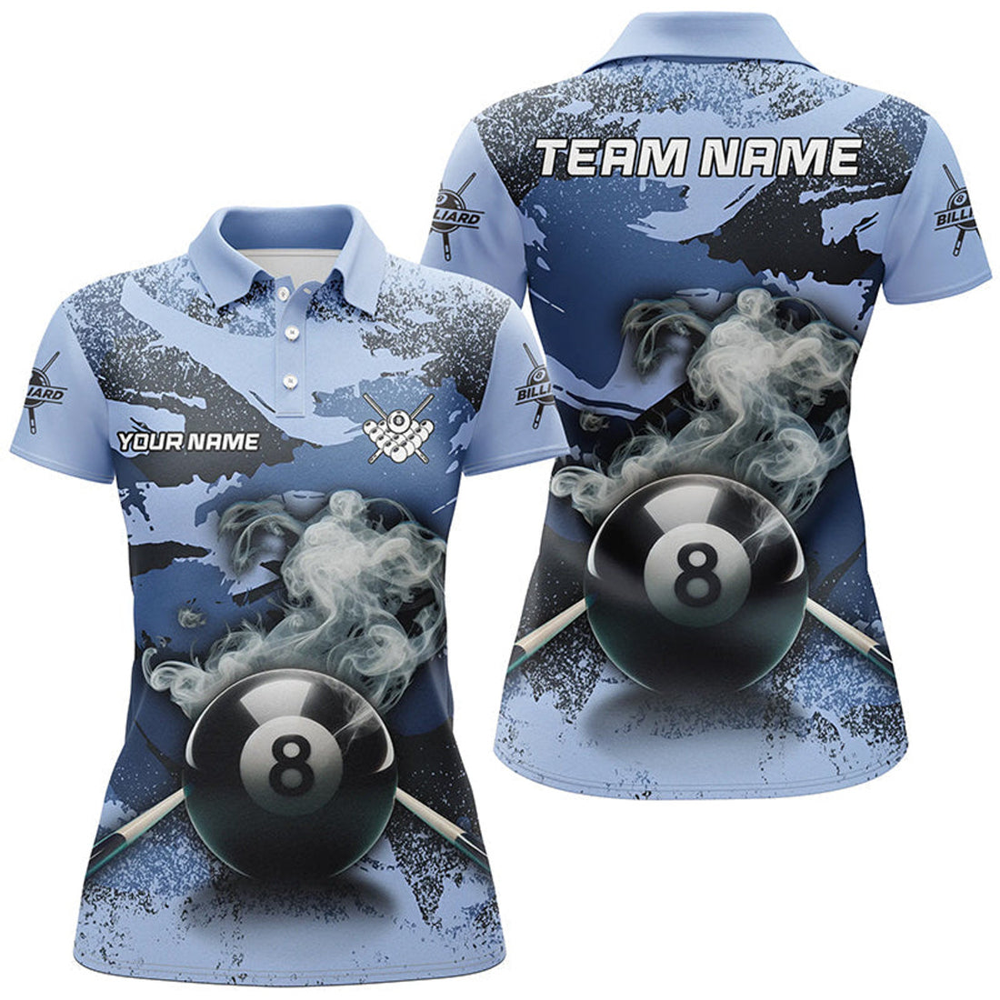 Custom Personalized 8 Ball Pool & Cue Smoke Custom Blue Camo Women Polo Shirts, Billiard Snooker Outfits