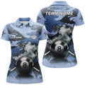Custom Personalized 8 Ball Pool & Cue Smoke Custom Blue Camo Women Polo Shirts, Billiard Snooker Outfits