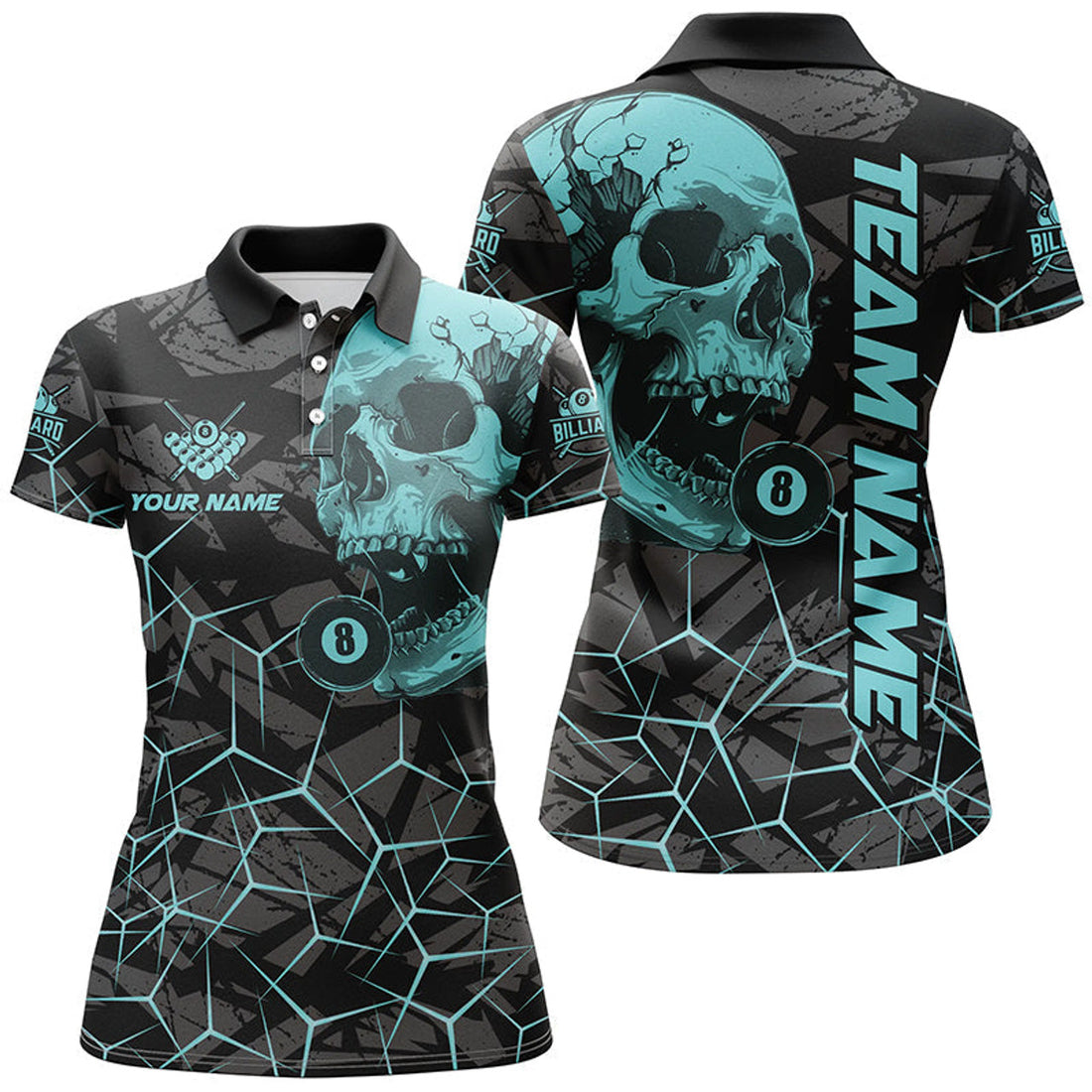 Custom Funny Skull Holding 8 Ball Billiard Custom Women Polo Shirt, Billiard Pool Jersey Shirt