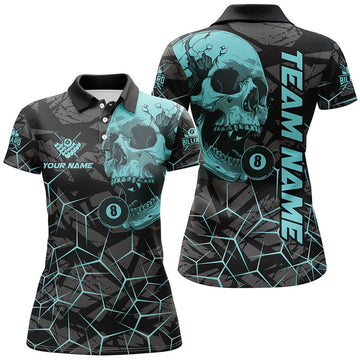 Custom Funny Skull Holding 8 Ball Billiard Custom Women Polo Shirt, Billiard Pool Jersey Shirt