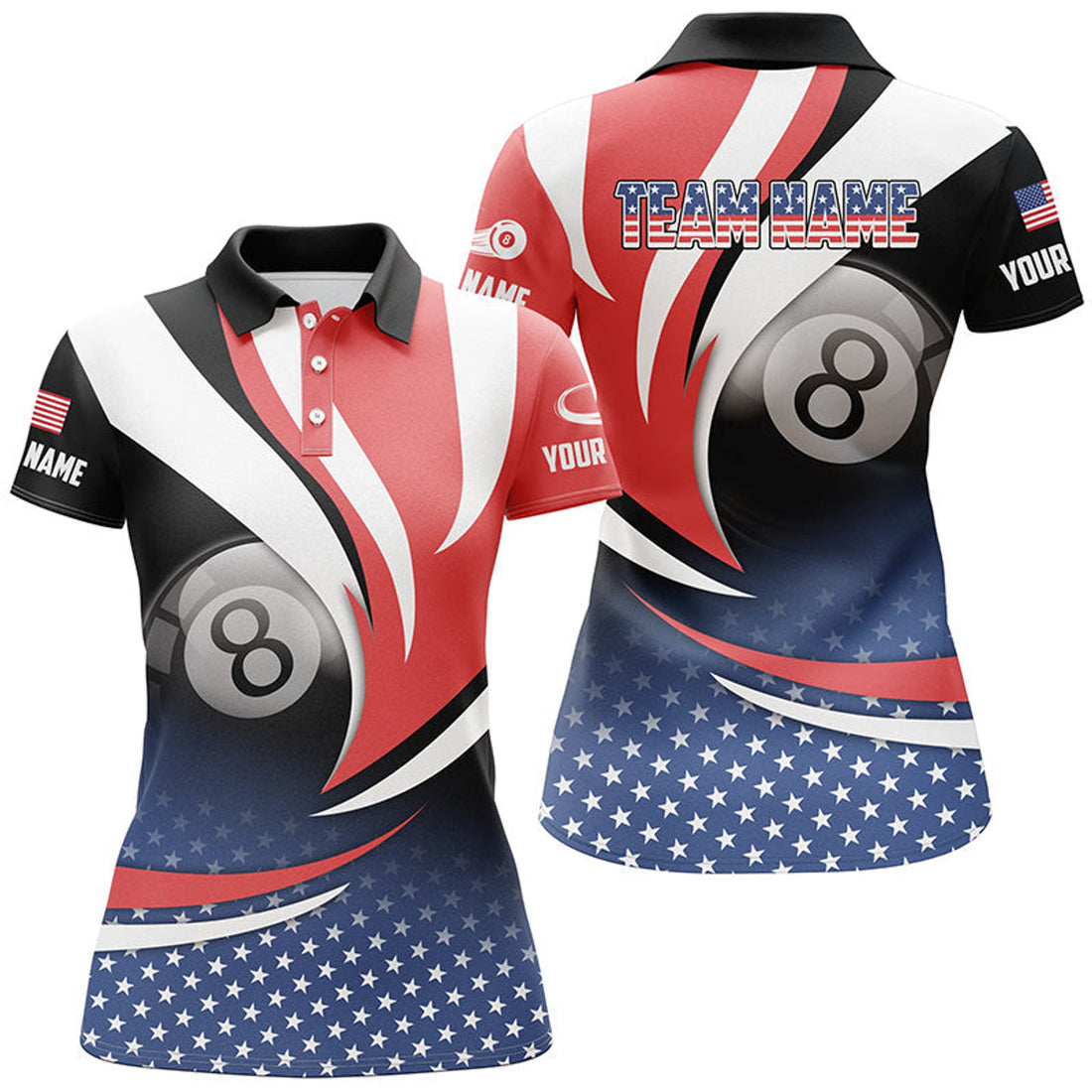 Custom Personalized 8 Ball Pool American Flag Version Billiard Shirts For Women, Patriotic Billiard Jerseys