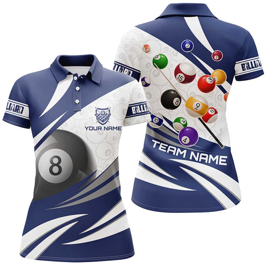 Custom 3D 8 Ball Pool Billiard Balls Personalized Women Billiard Polo Shirts Custom Blue Billiard Jerseys
