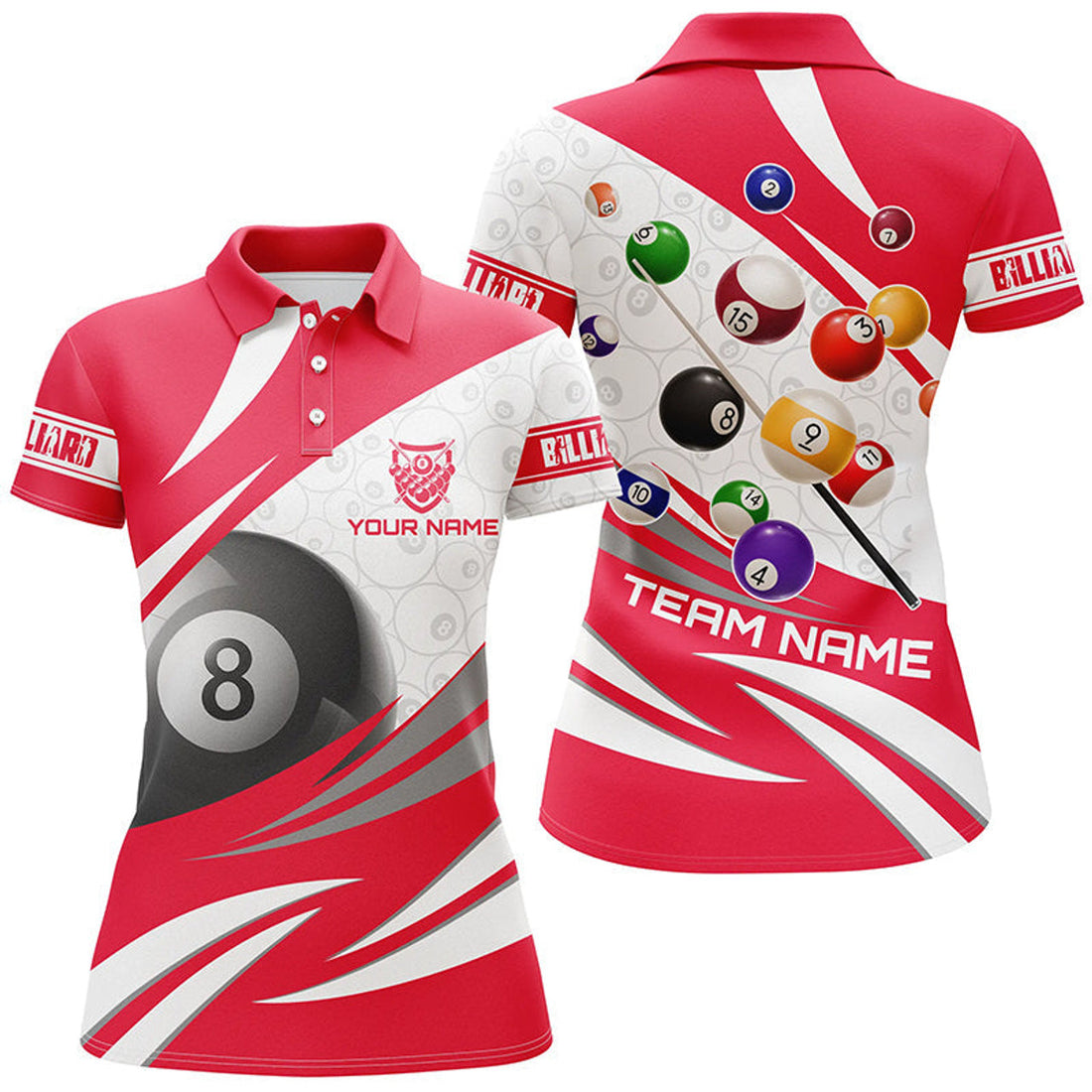 Custom 3D 8 Ball Pool Billiard Balls Personalized Women Billiard Polo Shirts Custom Red Billiard Jerseys